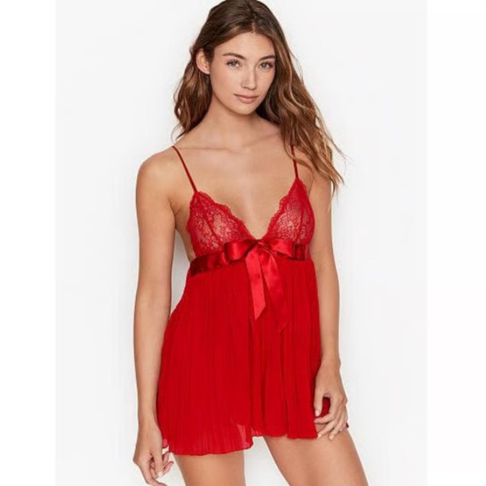 Victoria's Secret Bright Red Babydoll Lace Bow Chemise Mini Dress Lingerie